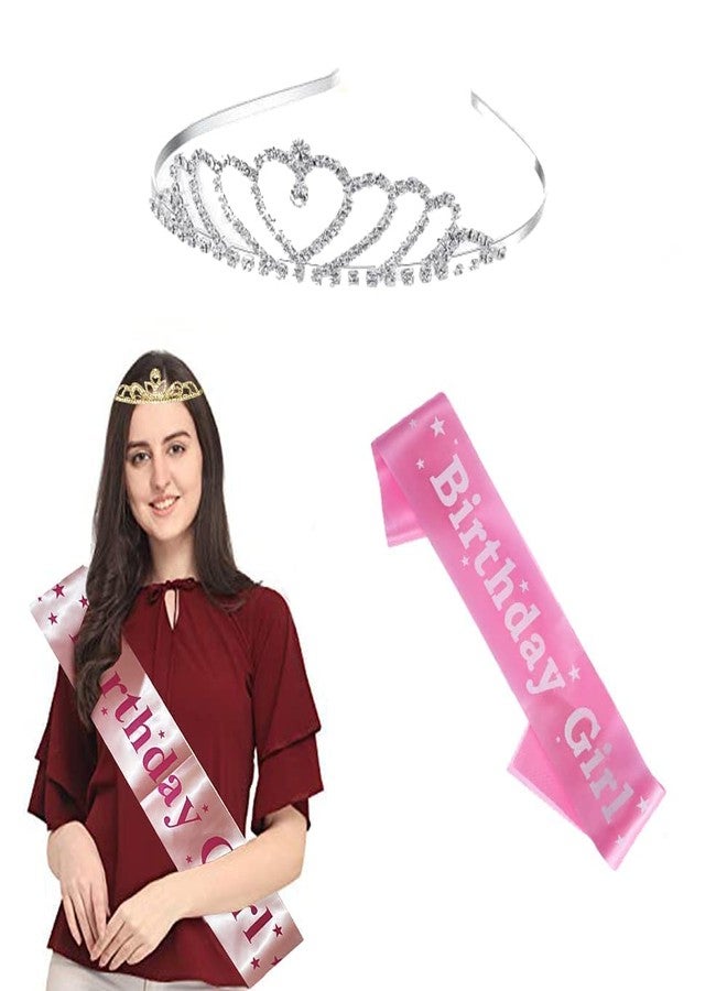 DECOFY Birthday Sash & Crown Set | Princess Queen Tiara Crowns Taj HairBand For Kids Girls & Womens (3 Pc Set- With Pin-PINK) - Image 2